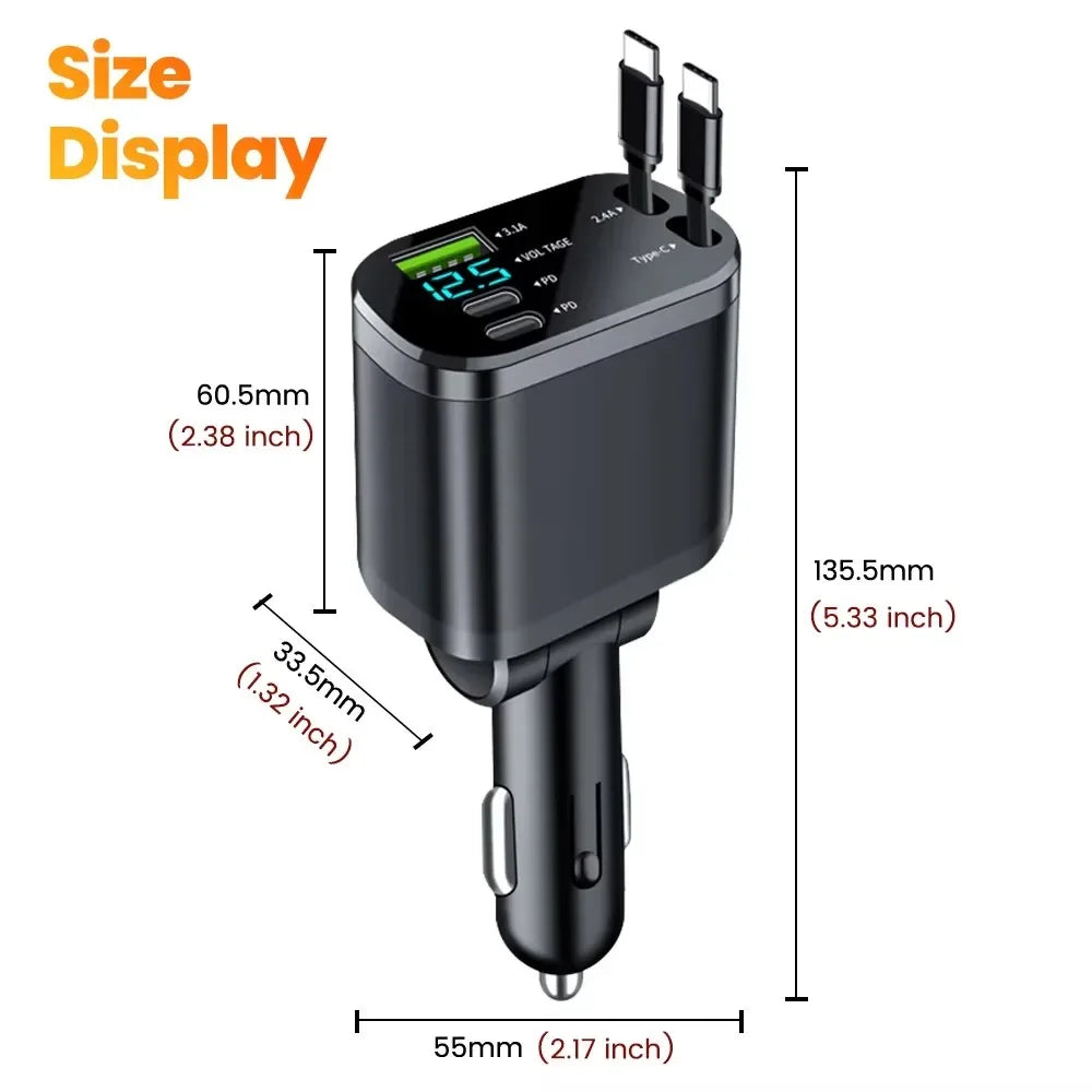 Ultimate 5-in-1 Retractable Car Charger with USB Type C PD - Fast Charging for iPhone & Samsung Devices