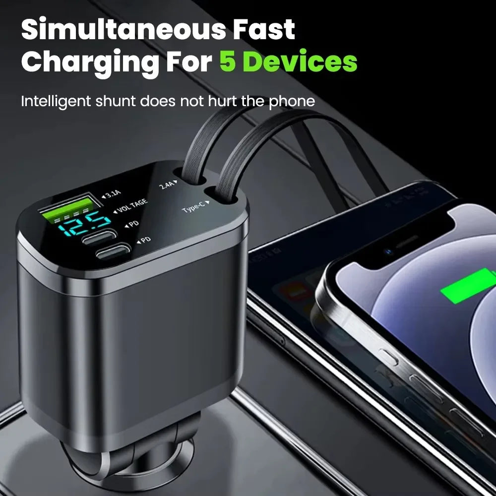 Ultimate 5-in-1 Retractable Car Charger with USB Type C PD - Fast Charging for iPhone & Samsung Devices