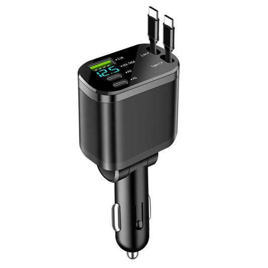 Ultimate 5-in-1 Retractable Car Charger with USB Type C PD - Fast Charging for iPhone & Samsung Devices