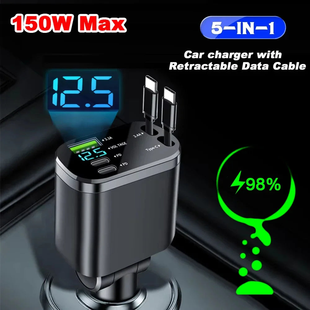 Ultimate 5-in-1 Retractable Car Charger with USB Type C PD - Fast Charging for iPhone & Samsung Devices