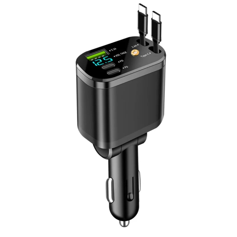 Ultimate 5-in-1 Retractable Car Charger with USB Type C PD - Fast Charging for iPhone & Samsung Devices